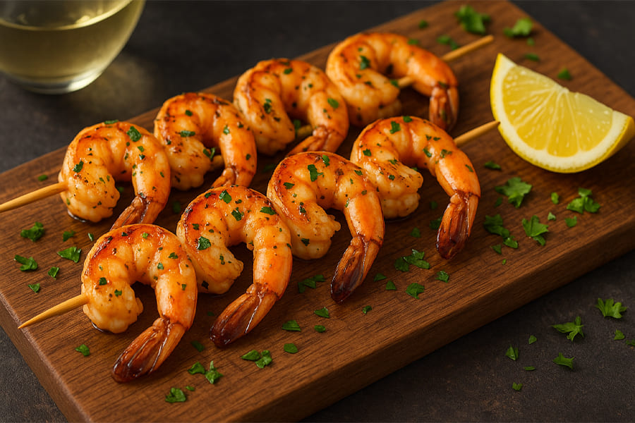 Шашлык из креветок с чесноком и лимоном